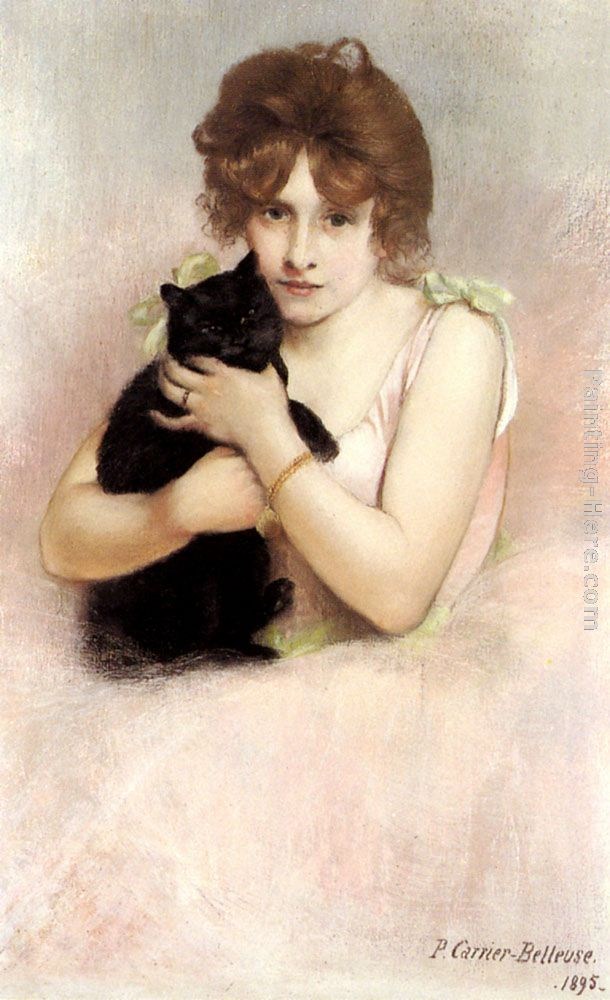 Pierre Carrier-Belleuse Young Ballerina holding a Black Cat